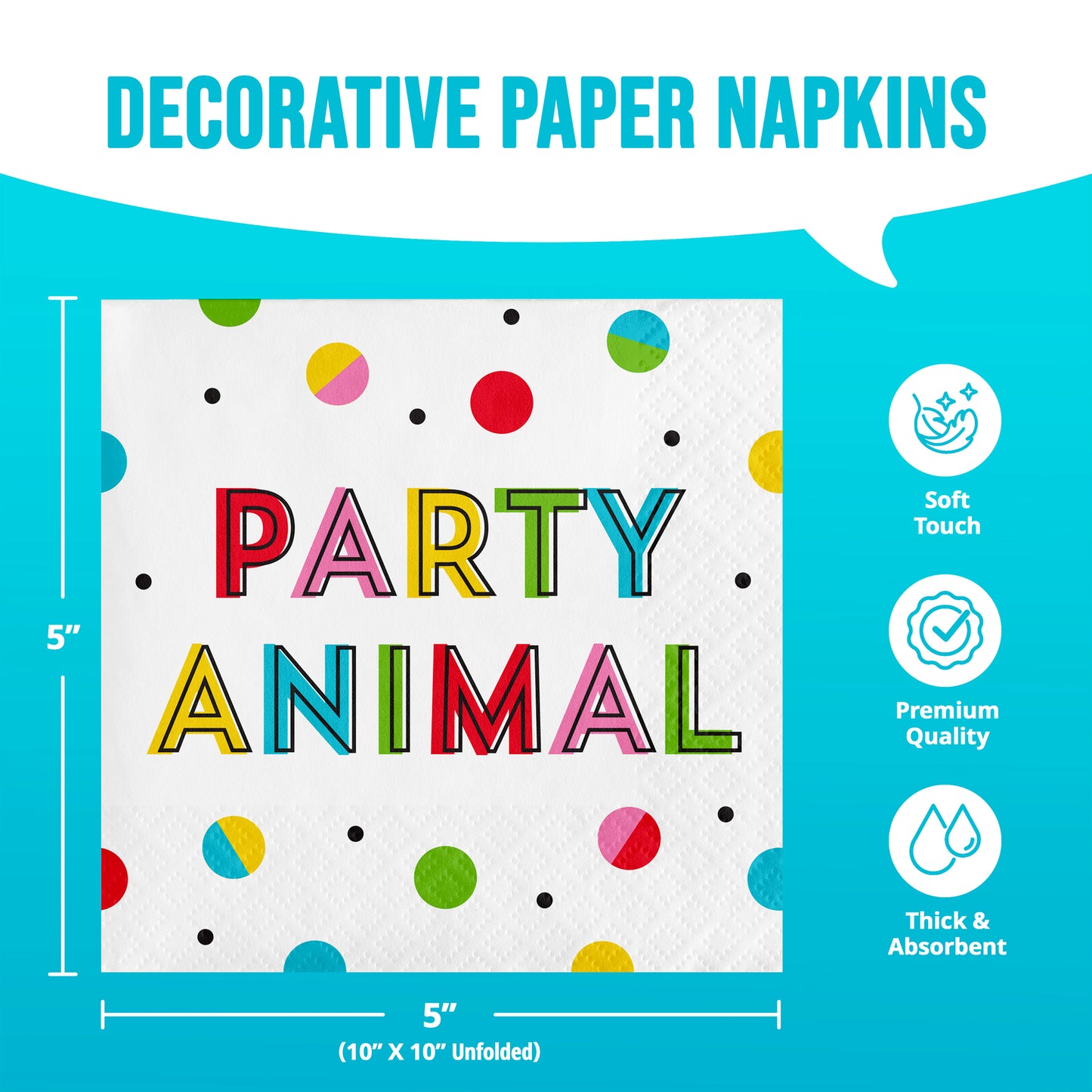 Decorative paper napkins with colorful text and polka dots on a blue background with dimensions shown.