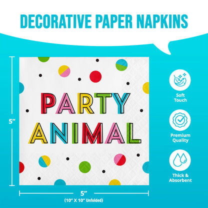 Decorative paper napkins with colorful text and polka dots on a blue background with dimensions shown.