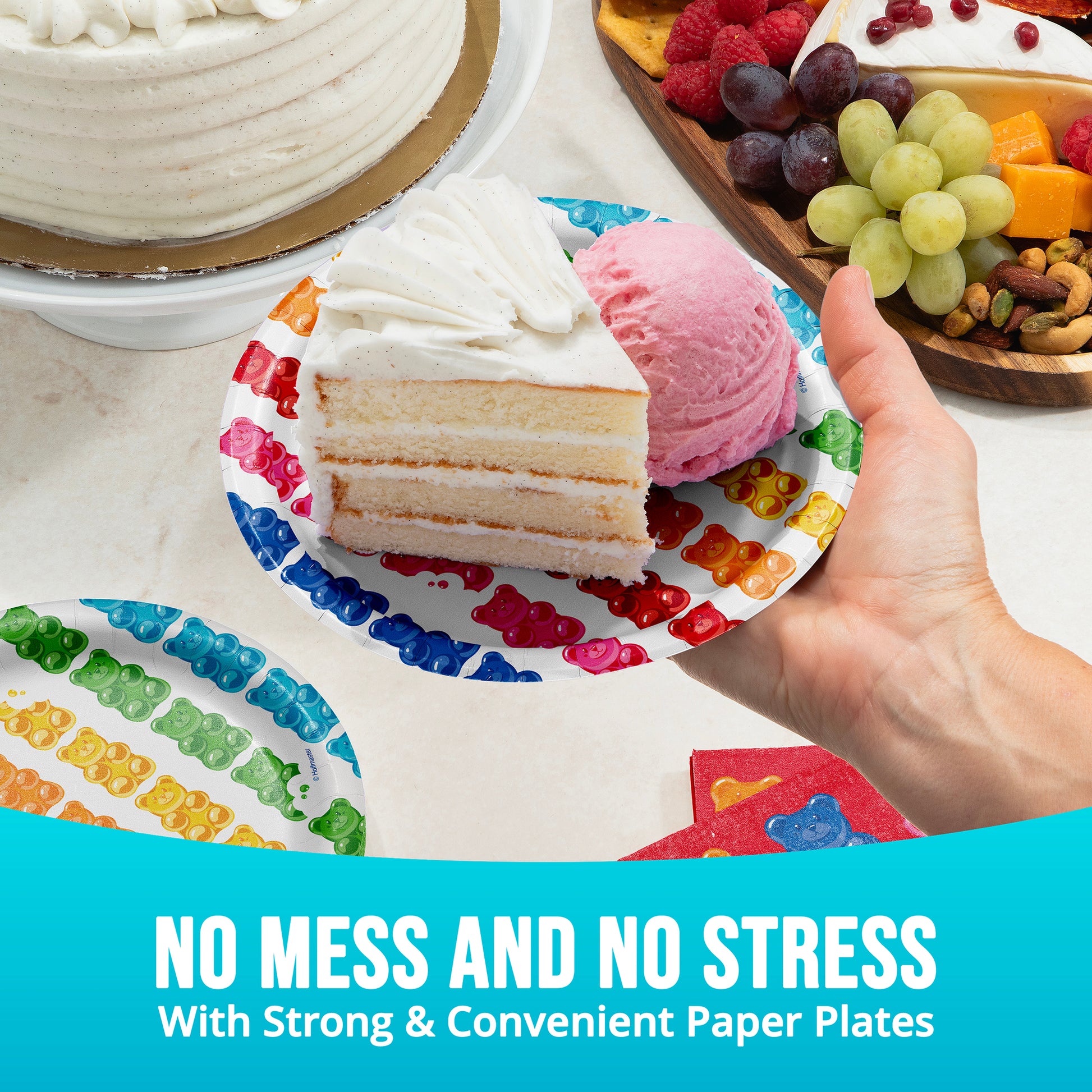 Slice of cake with ice cream on a colorful paper plate, surrounded by fruits and nuts, with text 'No Mess and No Stress'.