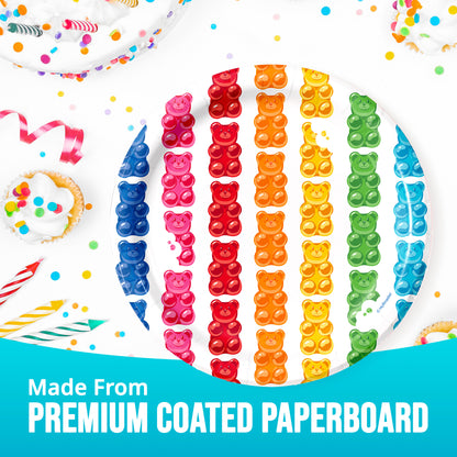 Colorful paper plates with gummy bear design on a white background, featuring text about premium coated paperboard.