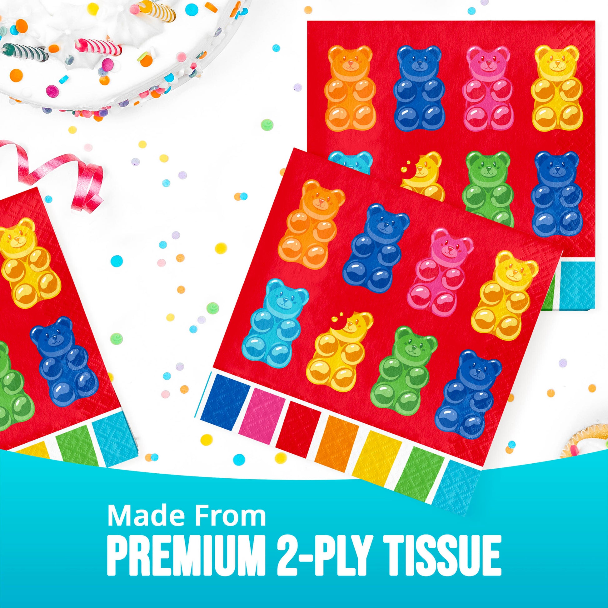 Colorful gummy bear-patterned tissue paper with premium 2-ply text on a white background.