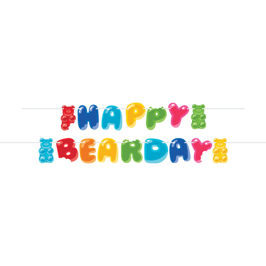 Colorful 'Happy Bearday' banner with bear-shaped letters on a white background