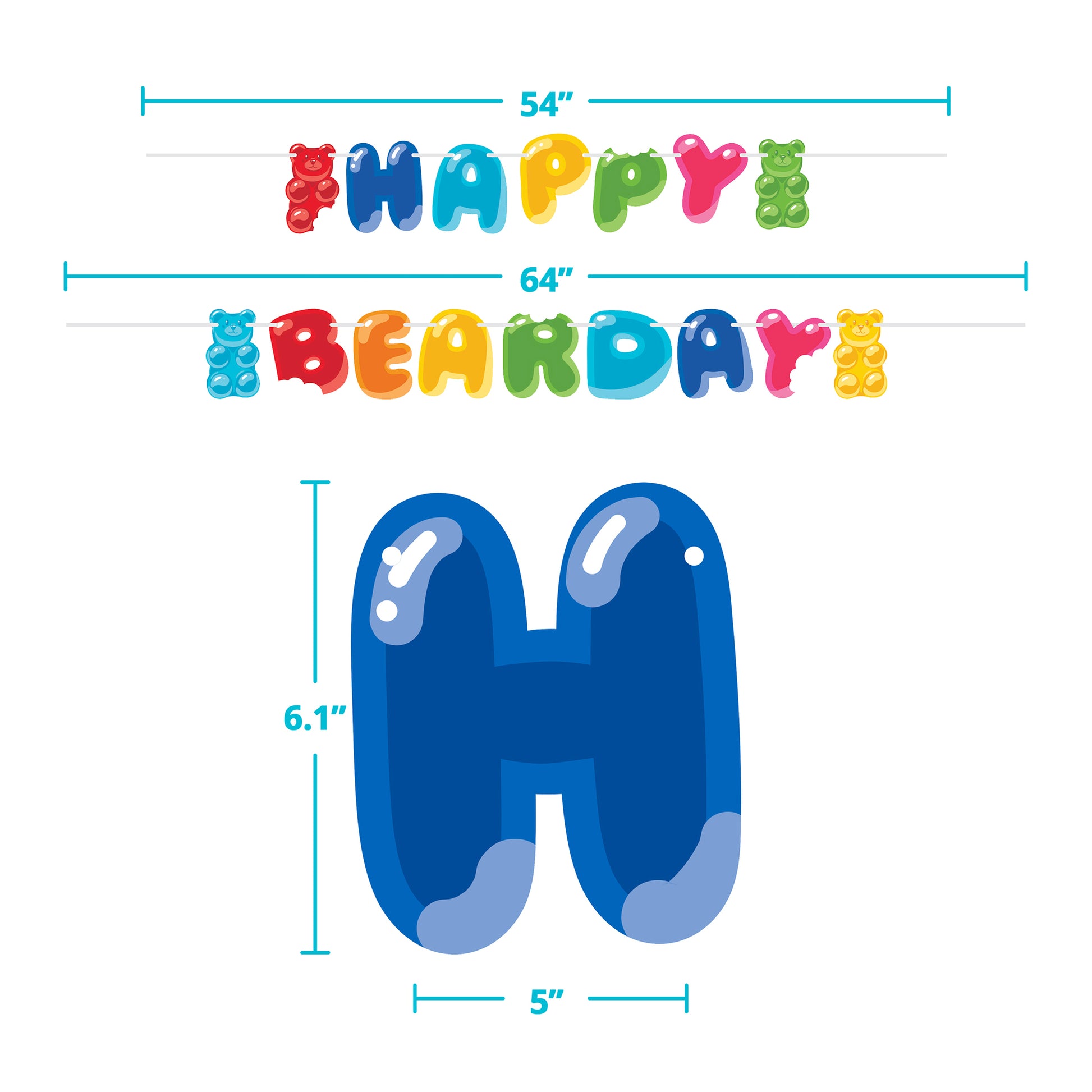 Colorful 'Happy Birthday' balloon text with measurements on a white background