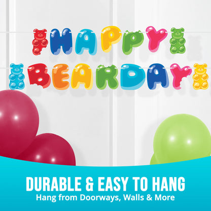Colorful 'Happy Bearday' banner with balloons on a white background