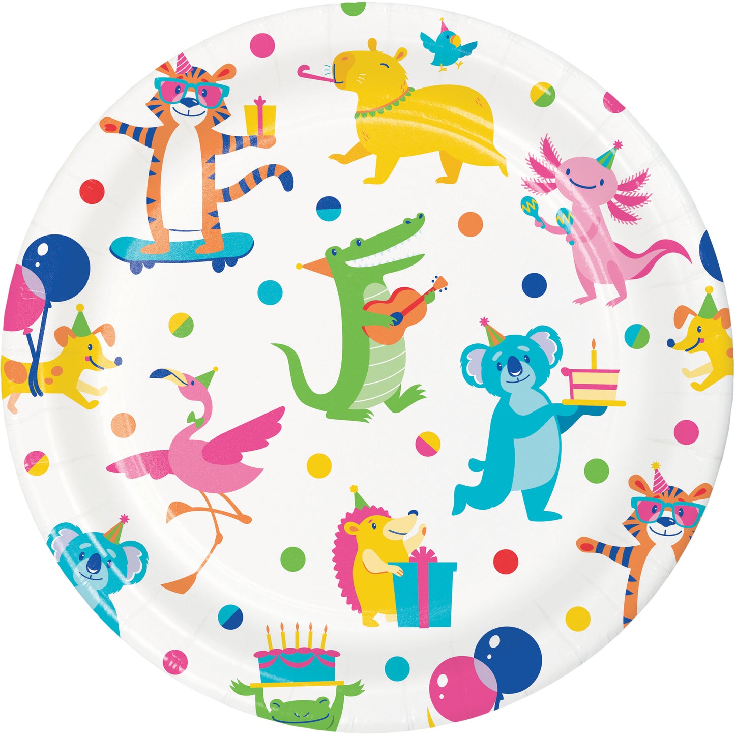 Colorful paper plate with cartoon animal designs on a white background