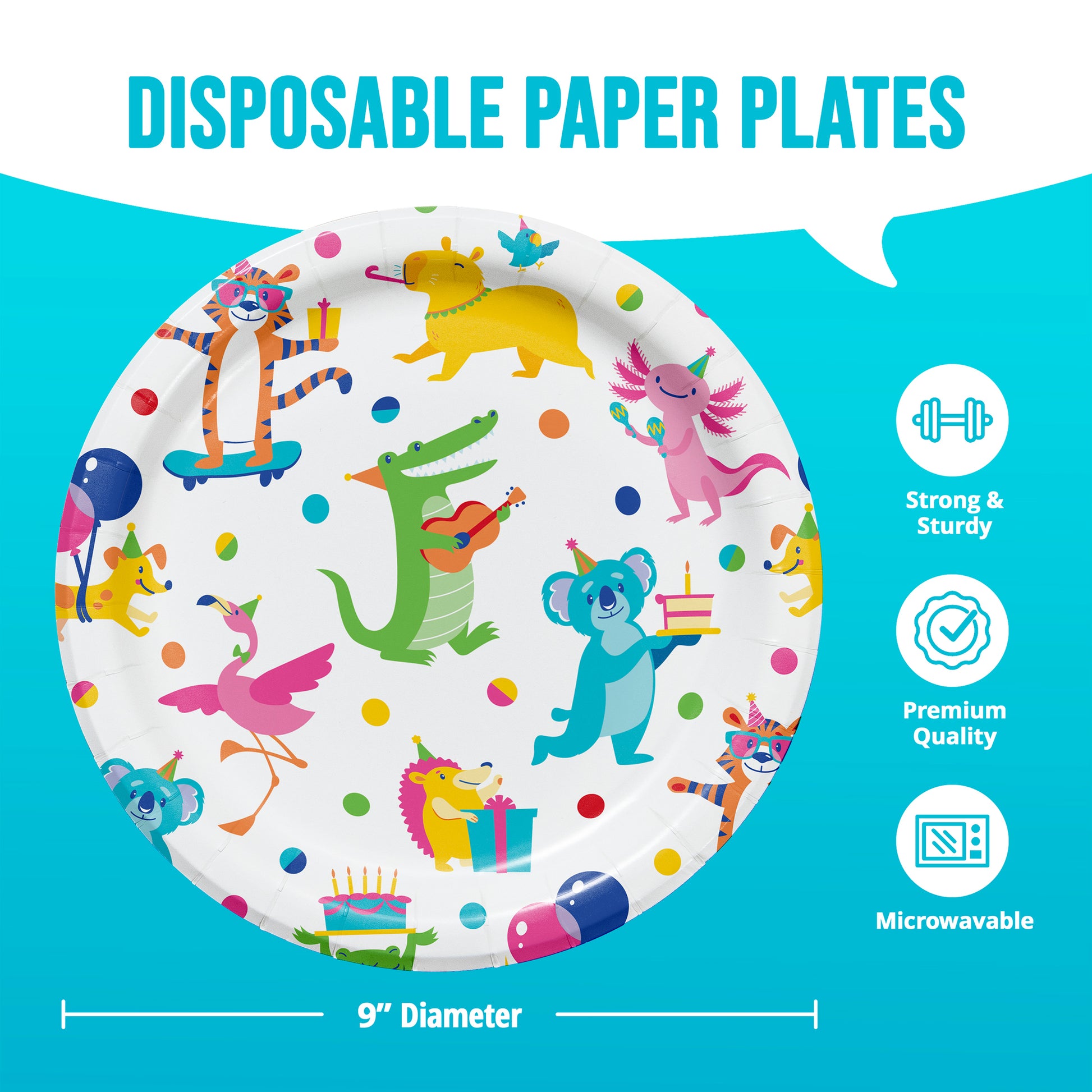 Disposable paper plate with colorful animal design on a blue background with information and dimensions