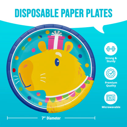 Disposable paper plate with a cartoon capybara design on a blue background, featuring icons for strength, quality, and microwavability.