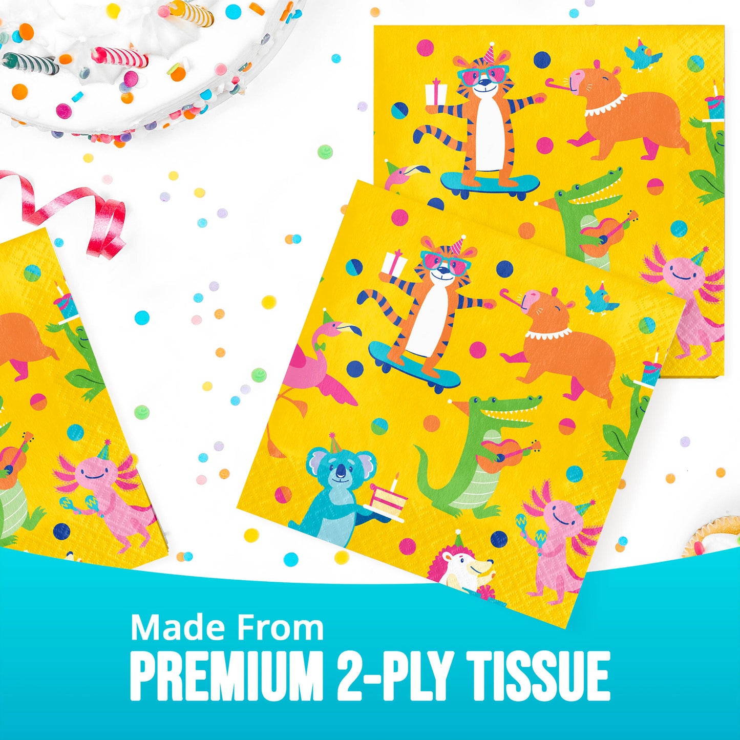 Colorful tissue paper with animal designs on a white background, labeled 'Made From Premium 2-Ply Tissue'.