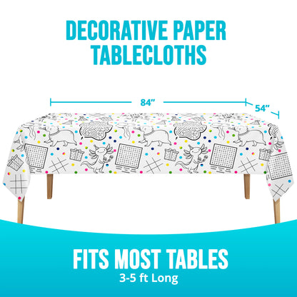 Decorative paper tablecloth with animals, word searches, and tic-tac-toe, shown on a table with dimensions displayed.