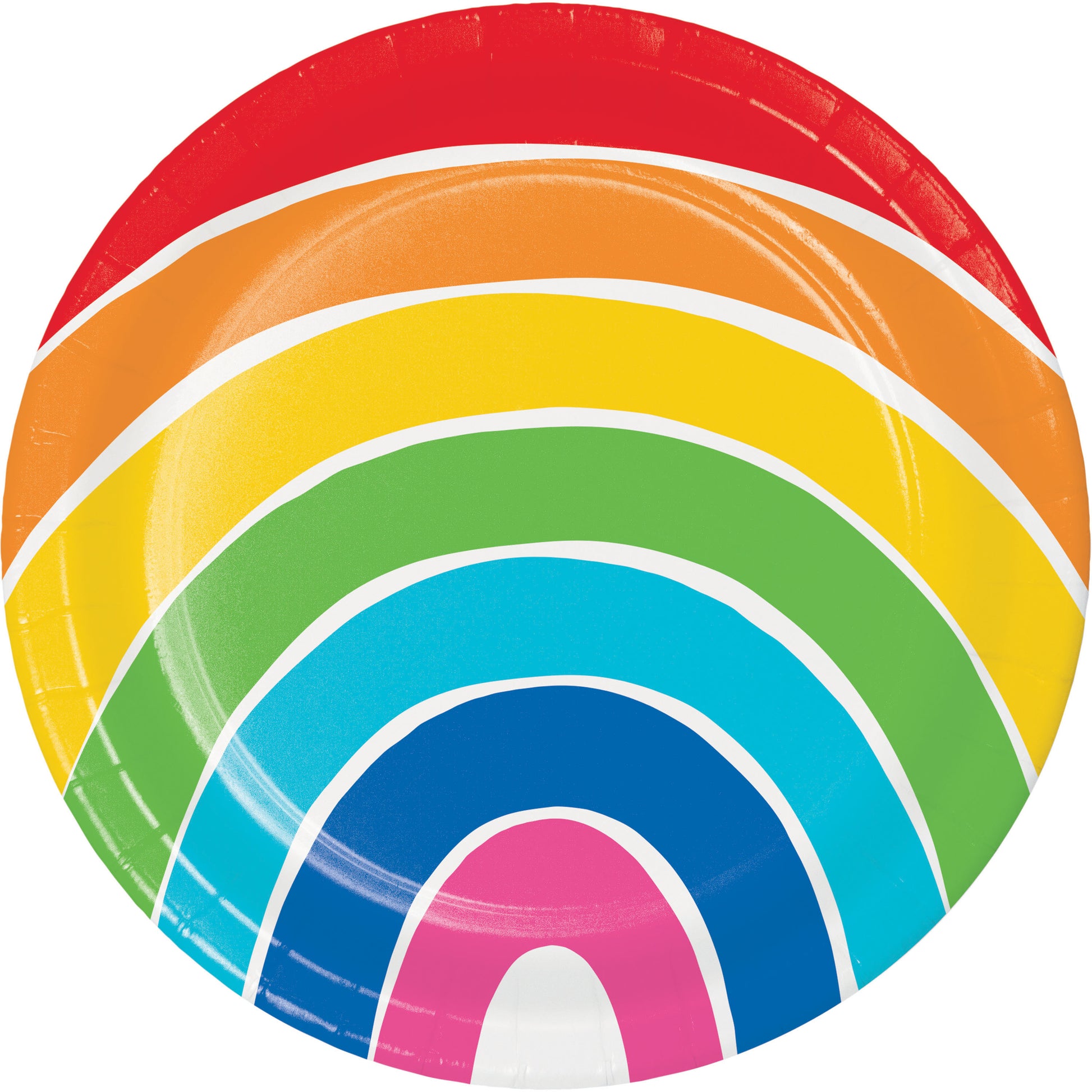 Colorful paper plate with rainbow design on a white baackground