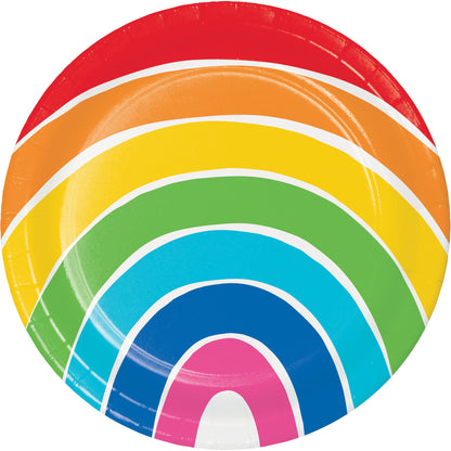 Colorful paper plate with rainbow design on a white baackground