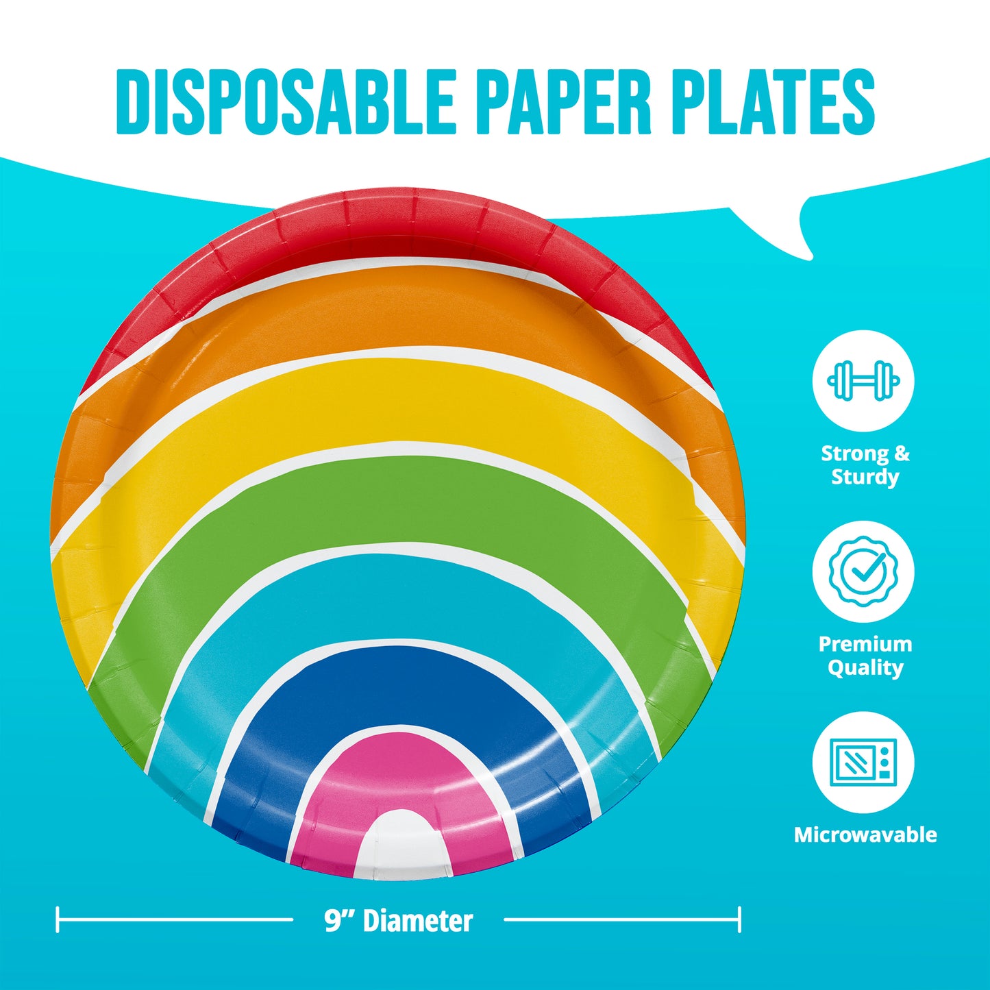 Colorful disposable paper plate with a blue background and text highlighting features.
