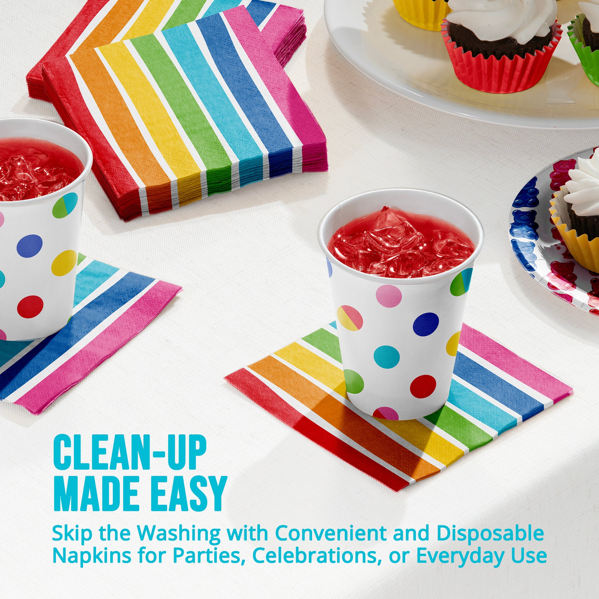Colorful disposable napkins and cups on a table with text 'Clean-up Made Easy'.