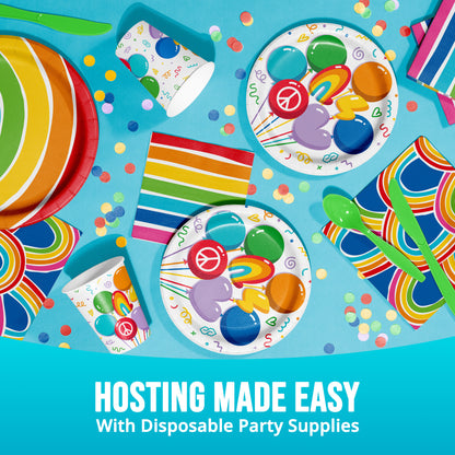 Colorful disposable party supplies including plates, cups, and utensils on a blue background with text 'Hosting Made Easy with Disposable Party Supplies'.