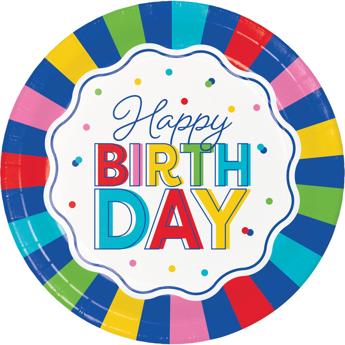 Colorful paper plate with 'Happy Birthday' text on a white background
