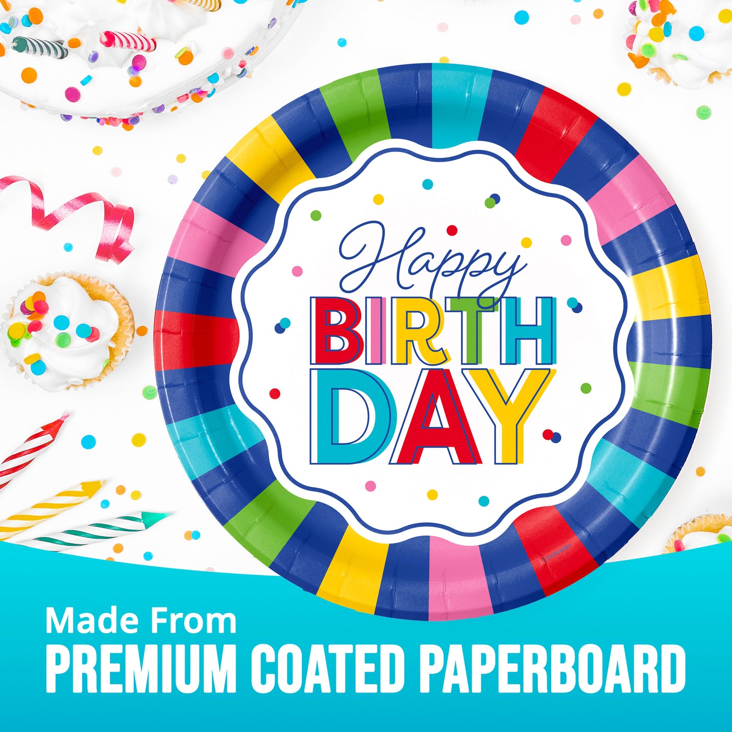 Colorful birthday paper plate with 'Happy Birthday' text on a celebratory background.