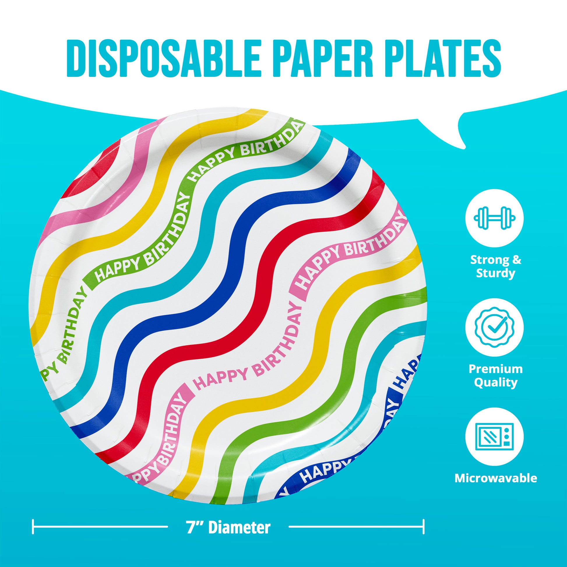 Disposable paper plate with colorful 'Happy Birthday' text on a blue background, featuring icons and text about product features. Dimensions shown.