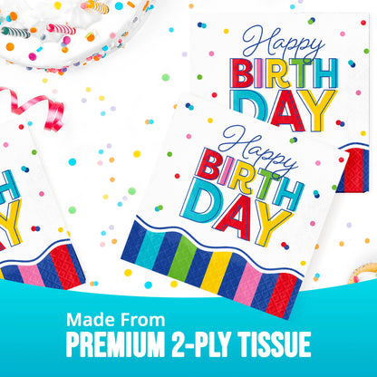 Colorful birthday-themed tissue paper with confetti and streamers on a white background with "Made From Premium 2-Ply Tissue" text