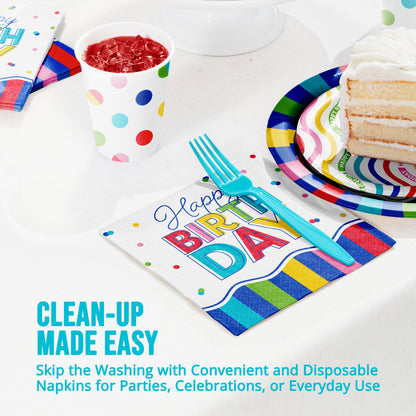 Colorful birthday-themed disposable tableware including plates, cups, and napkins on a white surface with "Clean-Up Made Easy" text