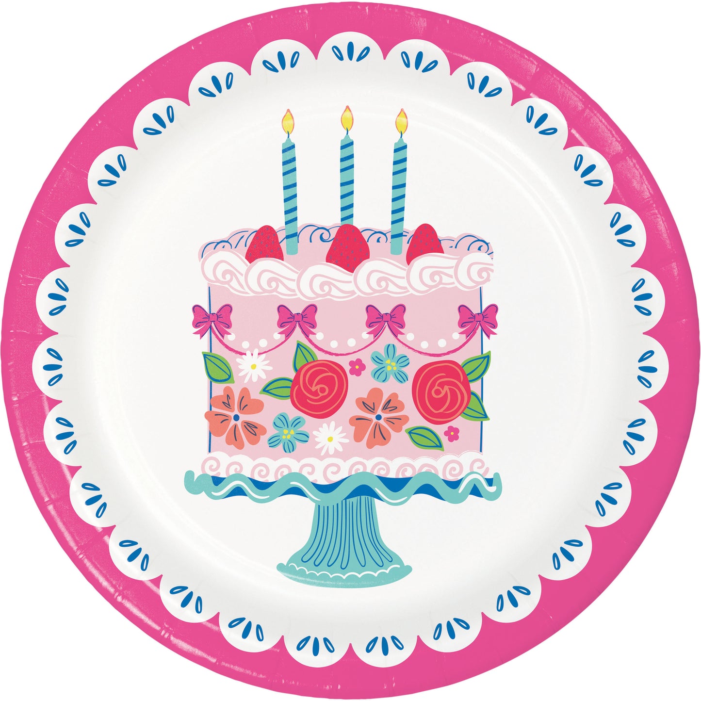 Decorative paper plate with a birthday cake design featuring candles, flowers, and a pink border.