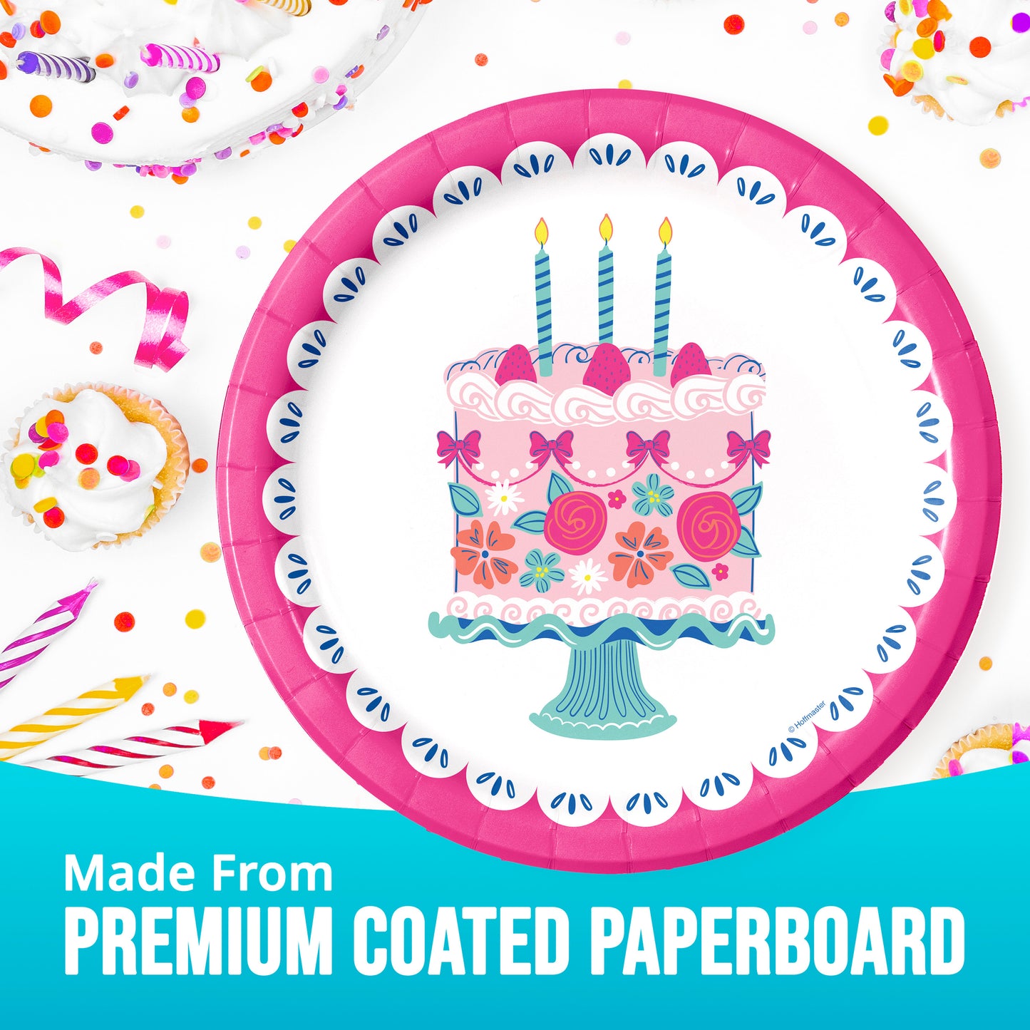 Paper plate with birthday cake design and colorful decorations on a white background.
