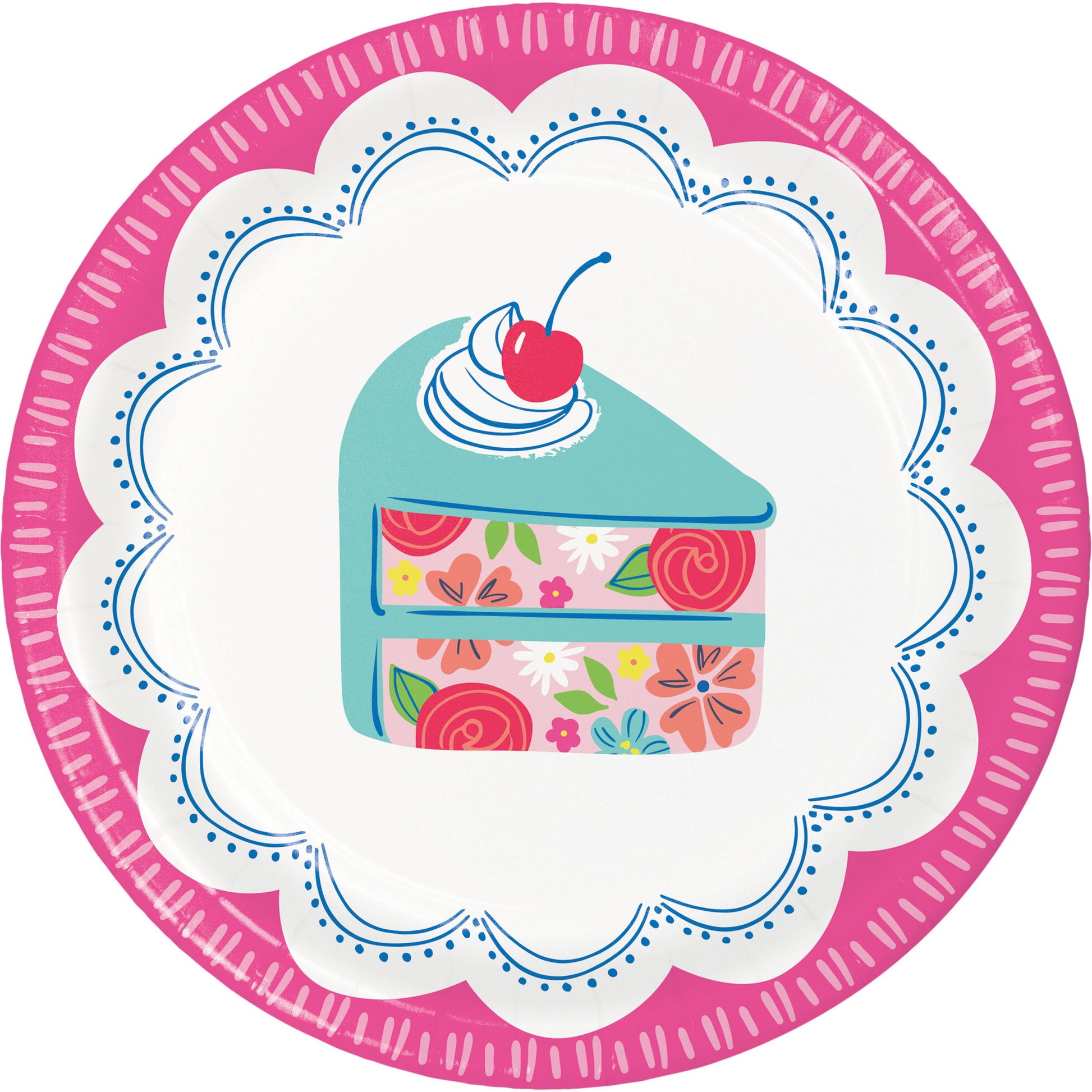 Decorative paper plate with a cake design and pink border