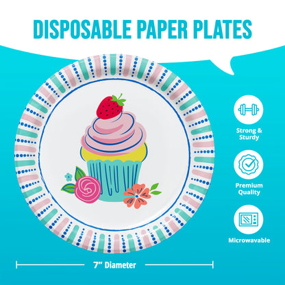 Disposable paper plate with cupcake design on a blue background, featuring icons for strength, quality, and microwavability. Dimensions shown.
