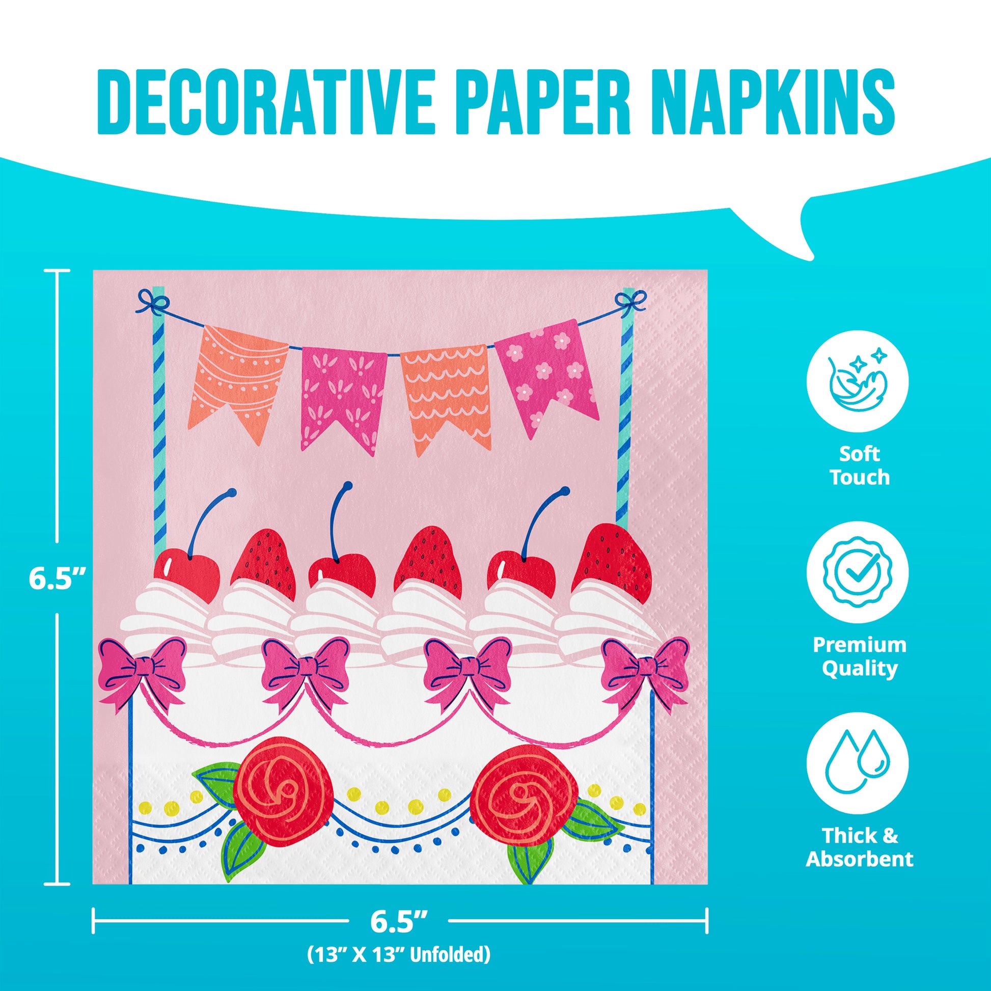 Decorative paper napkins with cake design on a blue background with infographic and dimensions