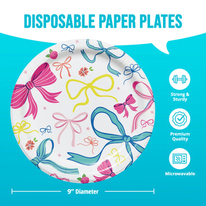 Disposable paper plate with colorful bows design on a blue background with dimensions and information