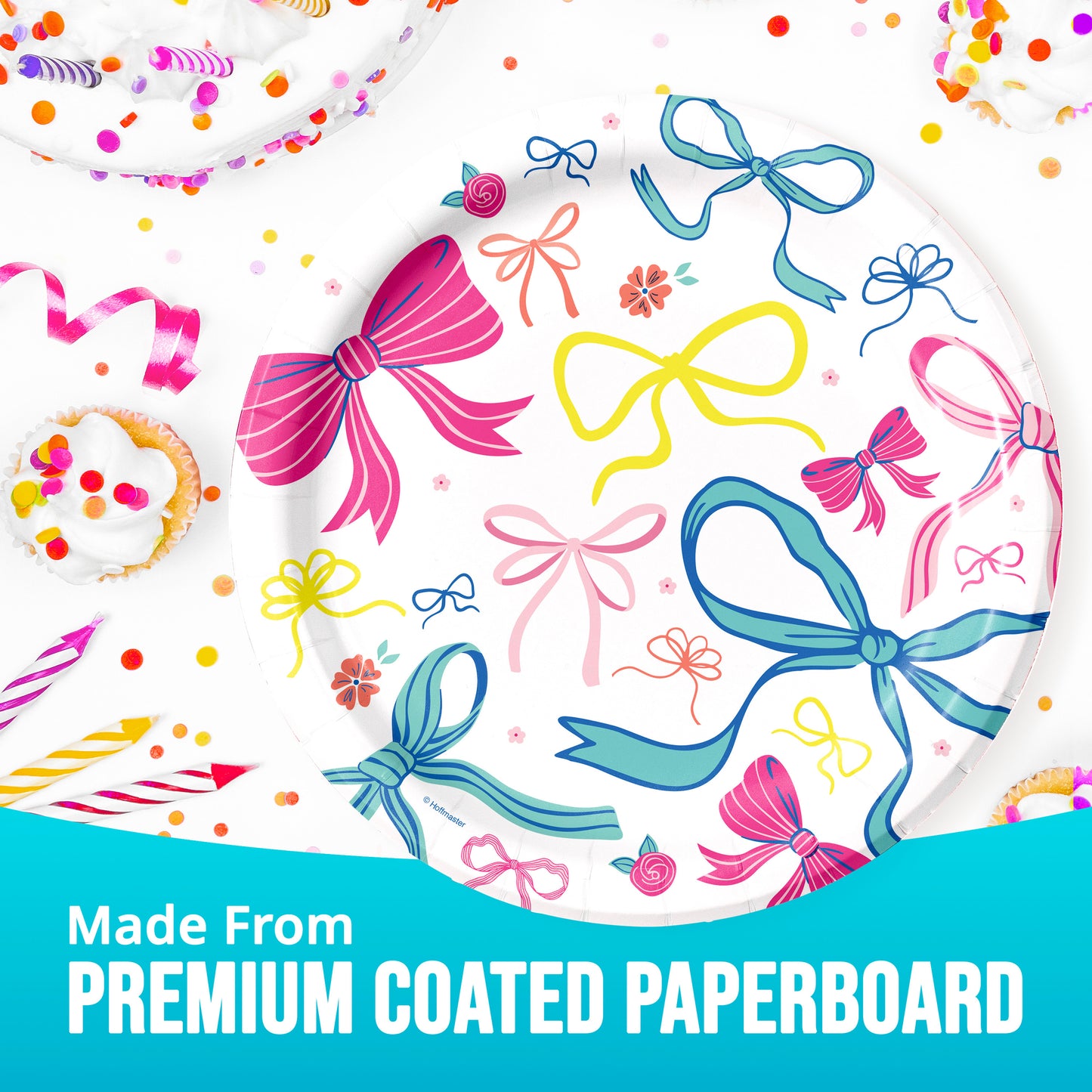 Decorative paper plates with colorful bows and confetti, made from premium coated paperboard.