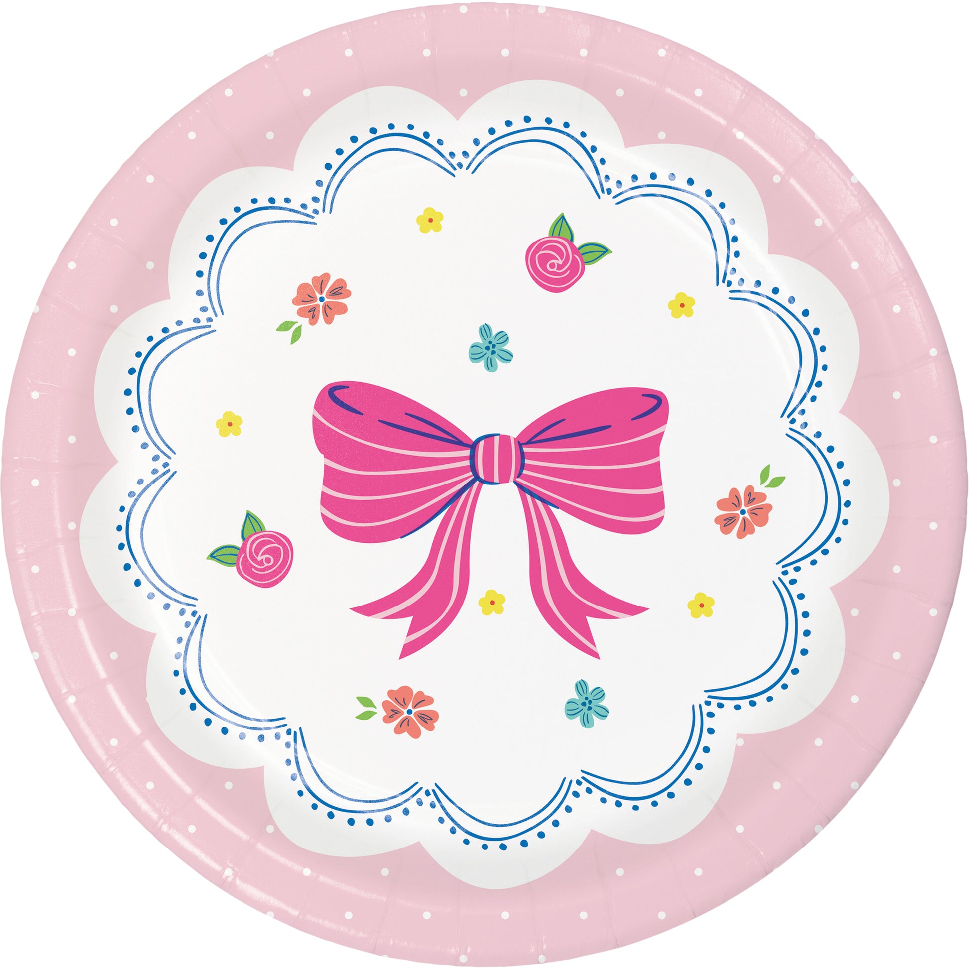 Round pink plate with a decorative bow and floral design on a white background