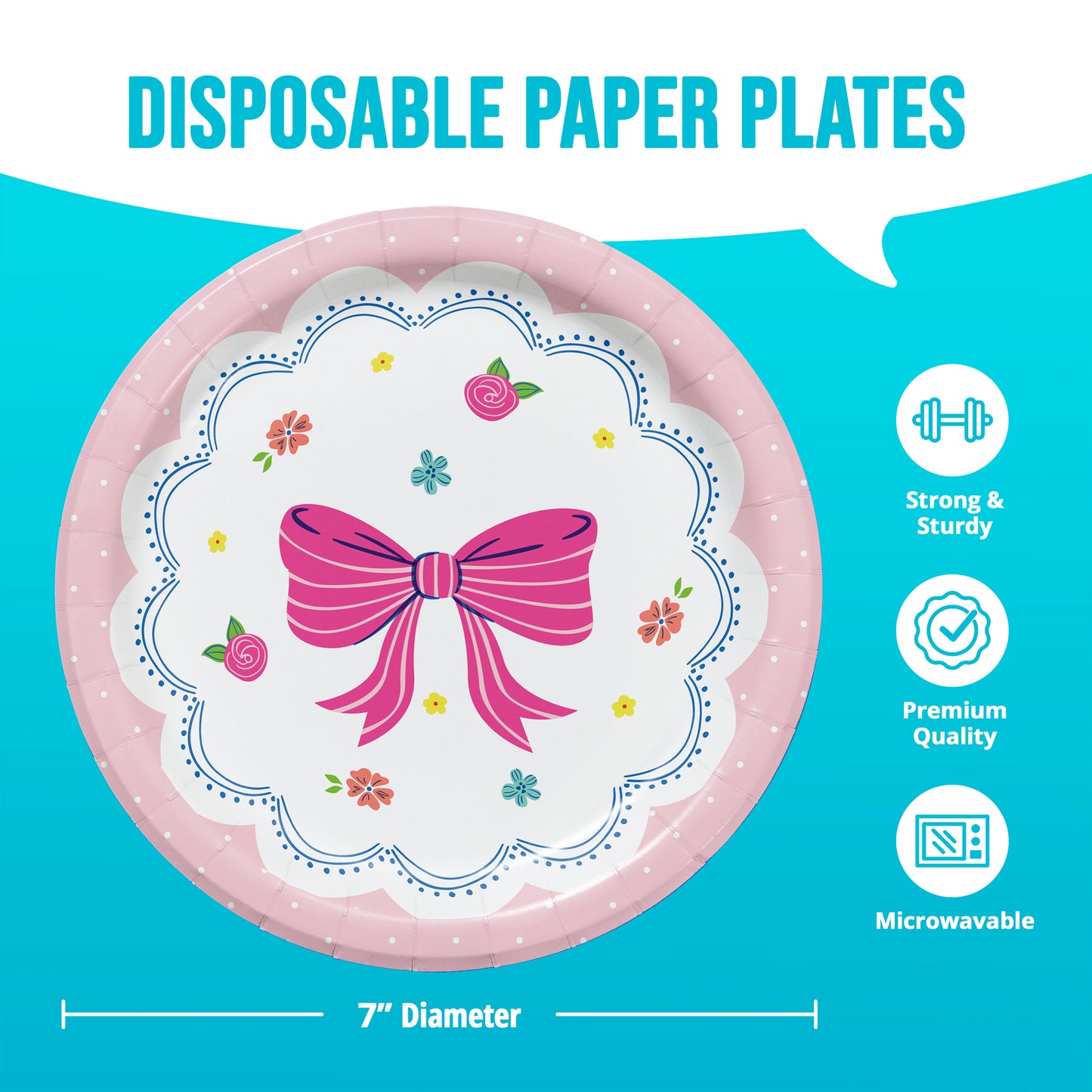 Disposable paper plate with a pink bow design on a blue background, featuring icons and text about the product's features.