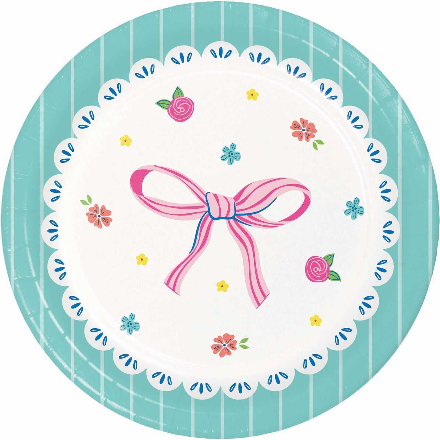 Round decorative dessert plate with a pink bow and floral patterns with teal border