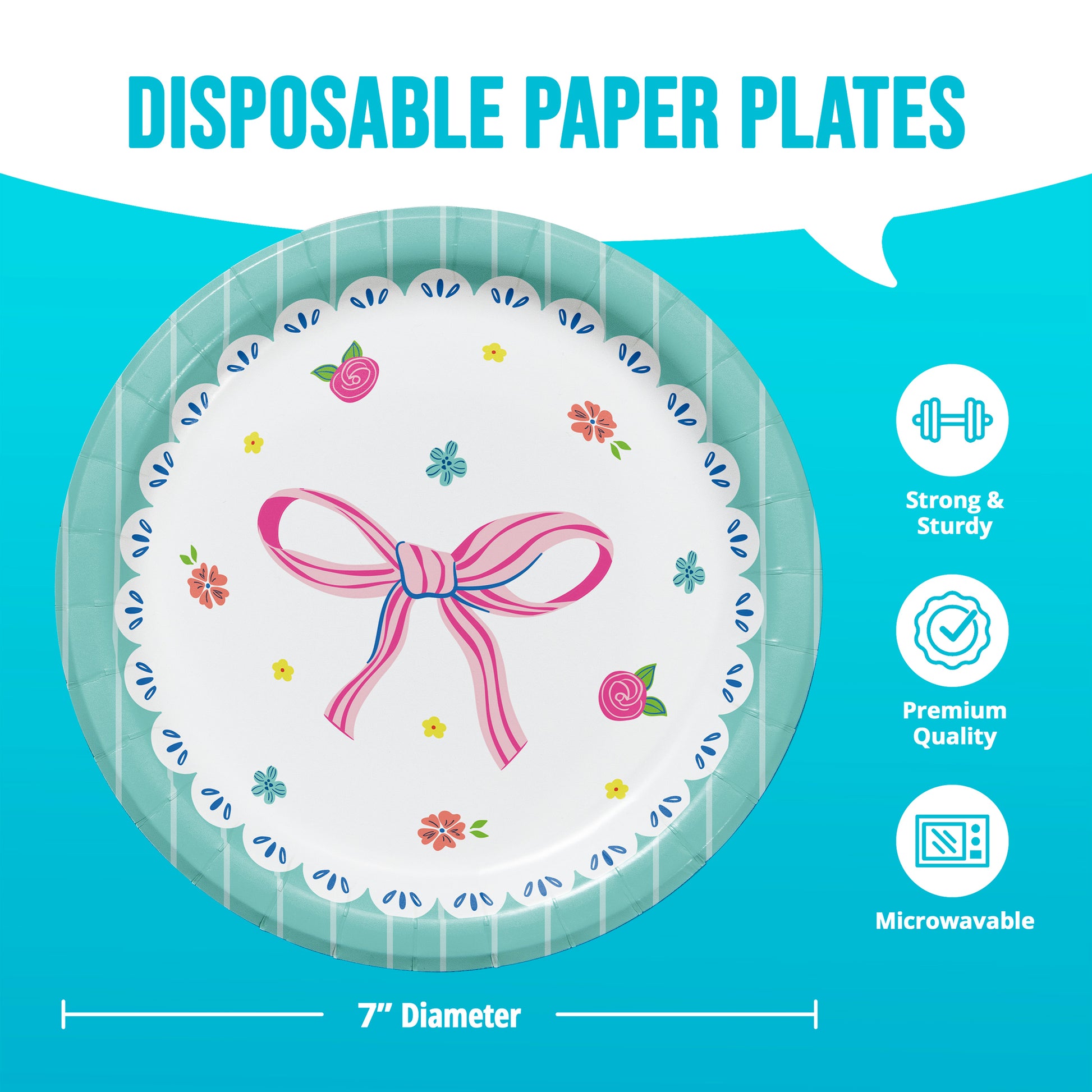 Disposable paper plate with decorative bow design on a blue background, featuring icons and text about product features.