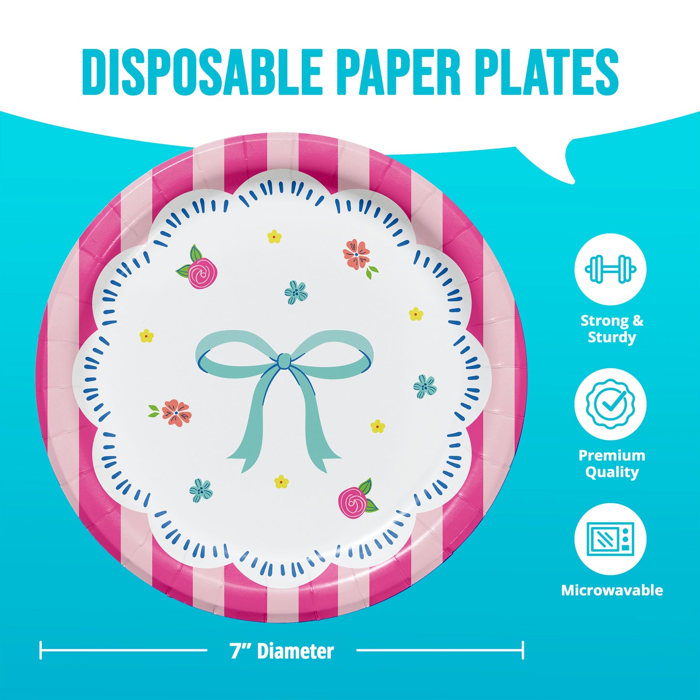 Disposable paper plate with decorative design on a blue background, featuring icons for strength, quality, and microwavability.