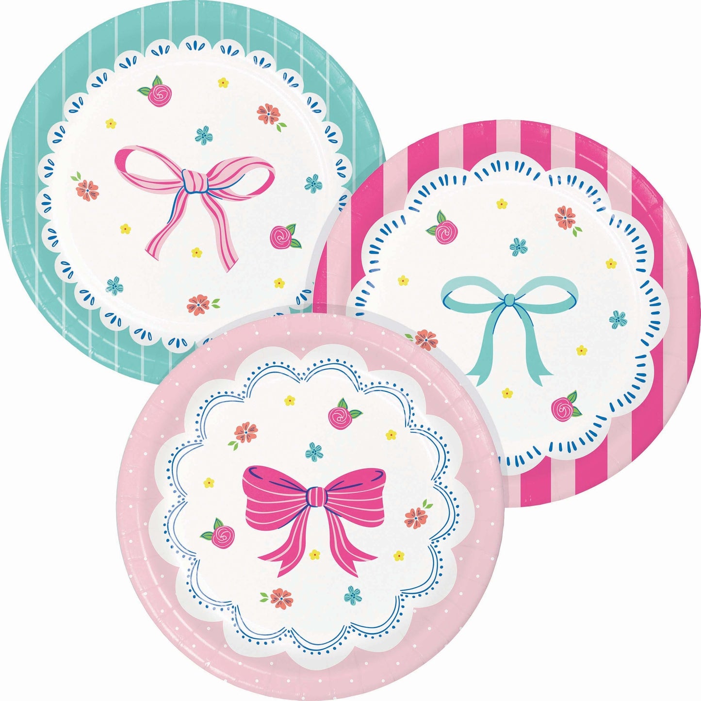 Set of three decorative dessert plates with bow designs on a white background