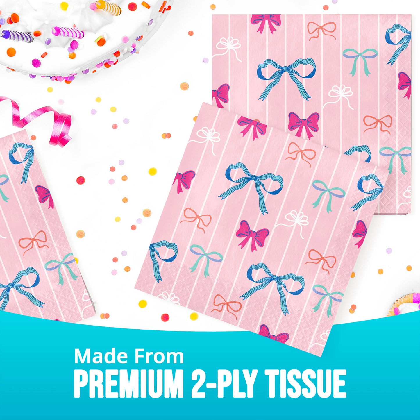 Pink tissue paper napkin with colorful bows and confetti on a white background, labeled 'Made From Premium 2-Ply Tissue'.