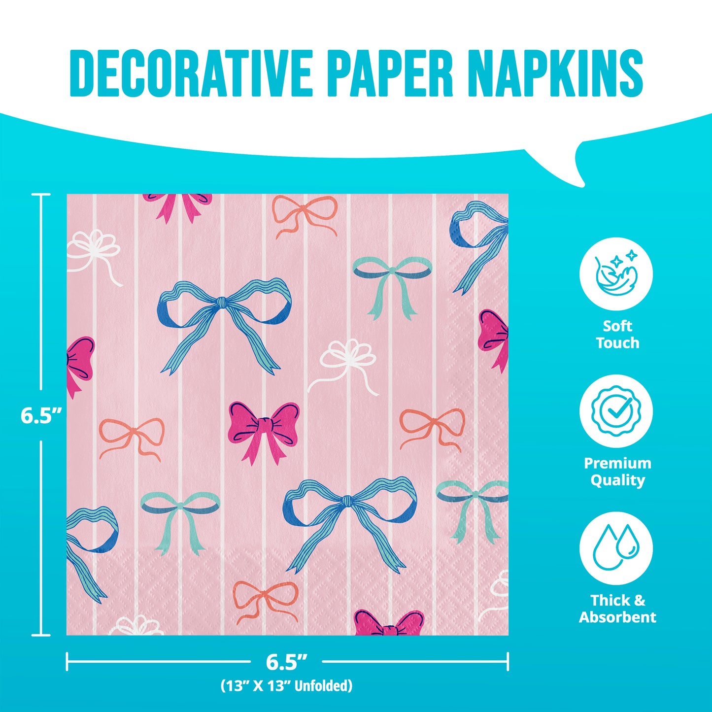 Decorative paper napkins with bow pattern on a pink and white striped background, shown with dimensions and quality features.