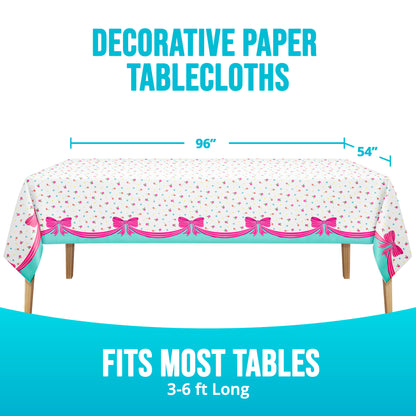 Decorative paper tablecloth with pink bows and measurements on a white background. Text "Fits most tables 3-6 feet long"