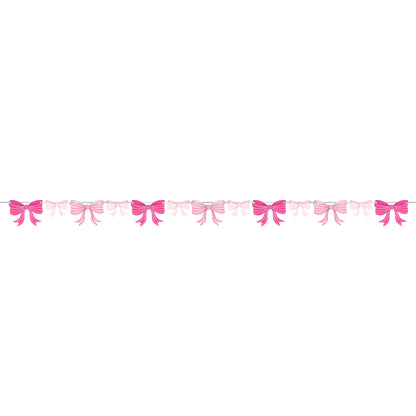 String of pink bows on a white background