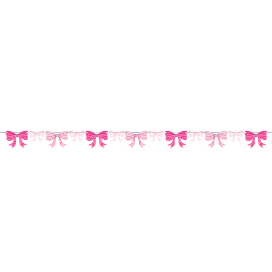 String of pink bows on a white background