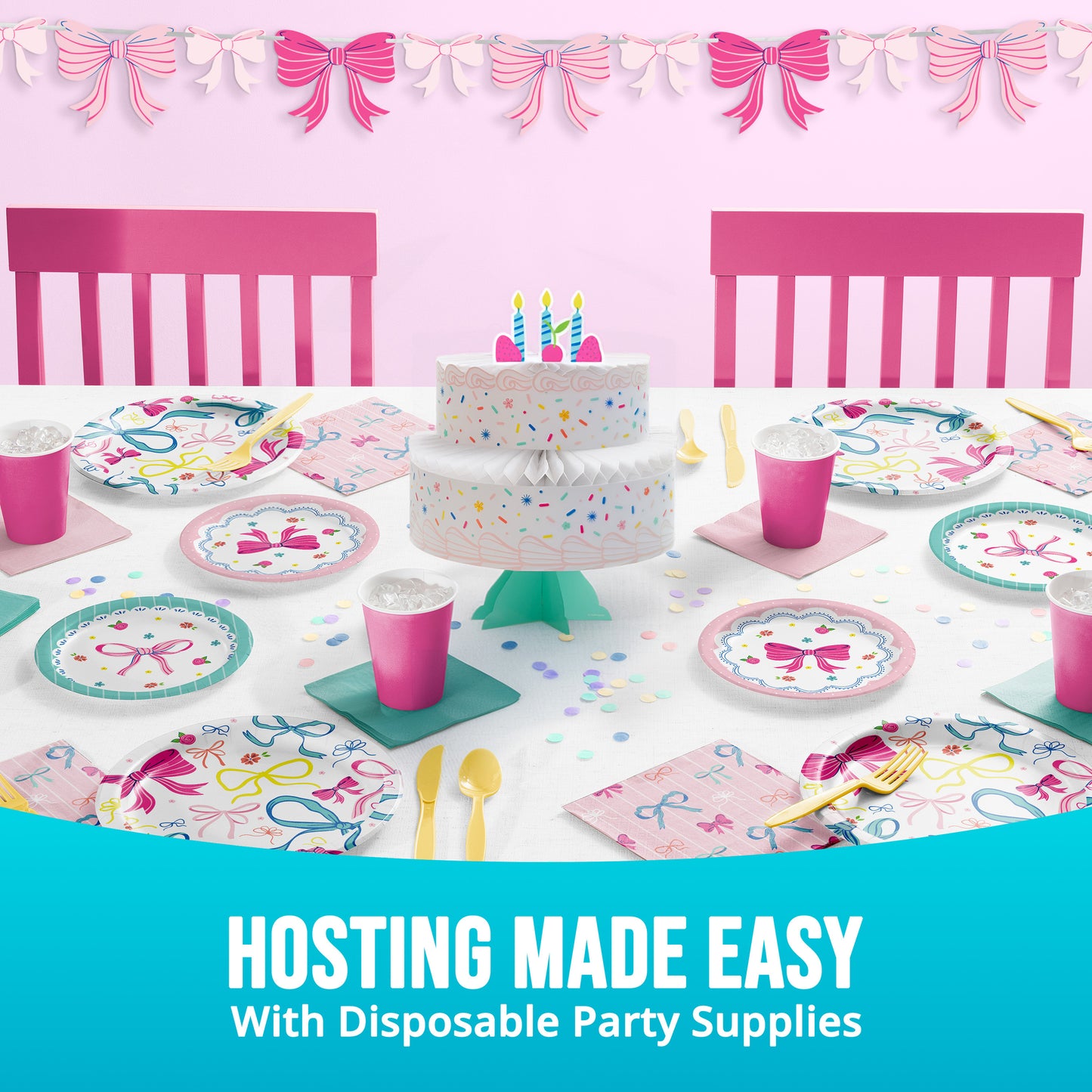 Disposable party supplies including a cake, plates, cups, and utensils on a table with pink chairs and decorative bows. Text with "Hosting Made Easy with Disposable Party Supplies"