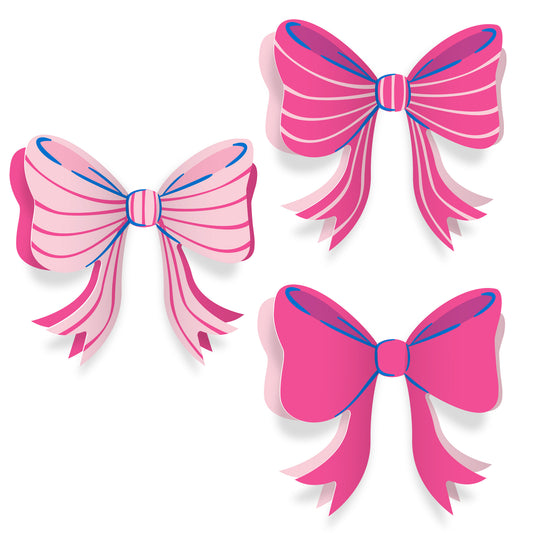 Three pink bows with blue centers on a white background