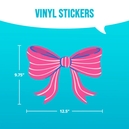 Pink bow wall decor with measurements on a blue background