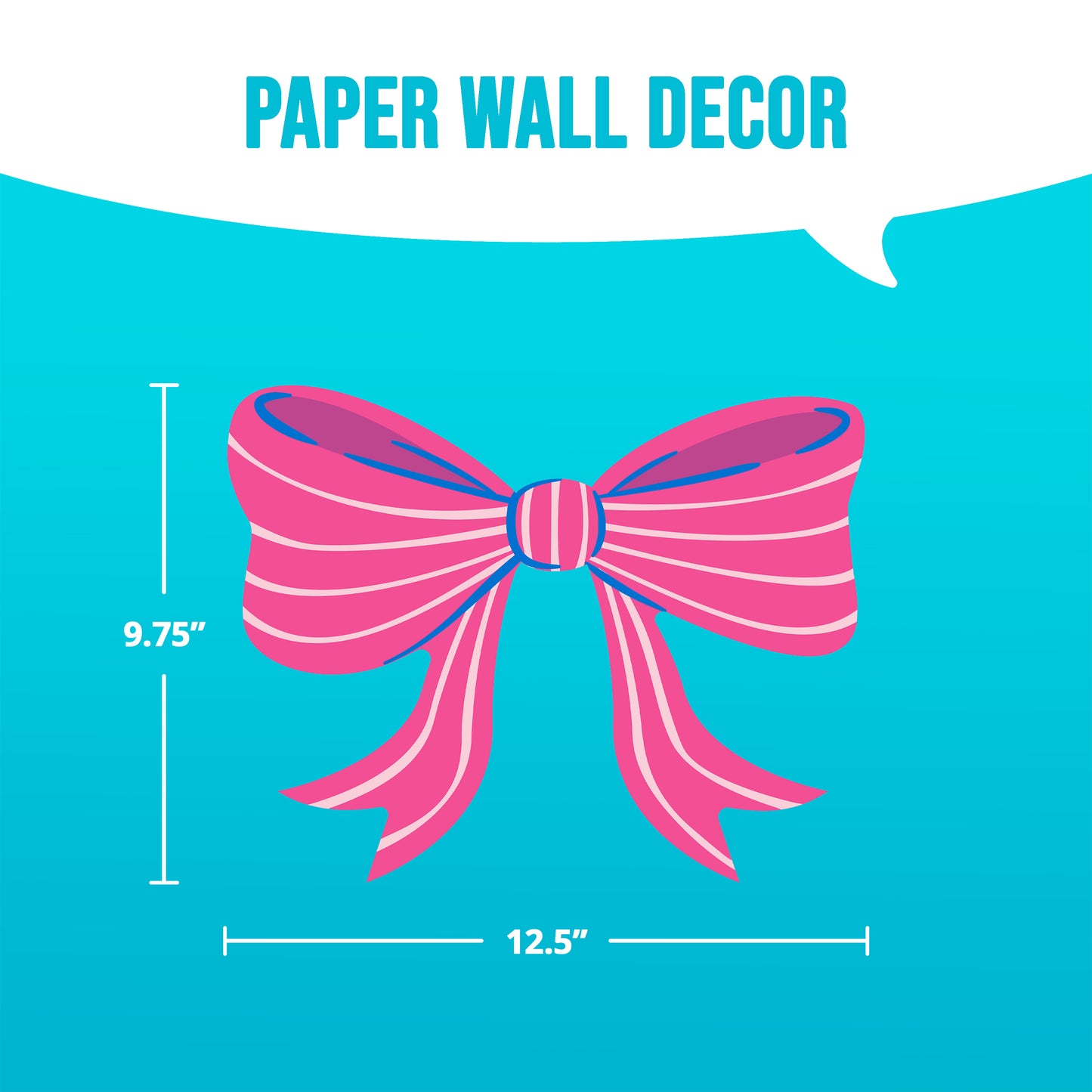 Pink bow design paper wall decor with measurements on a blue background