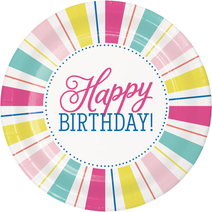 Colorful paper plate with 'Happy Birthday!' text on a white background