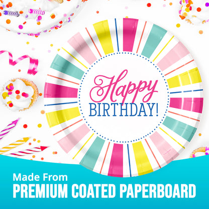 Colorful birthday-themed paper plates with 'Happy Birthday!' text and premium coated paperboard information.