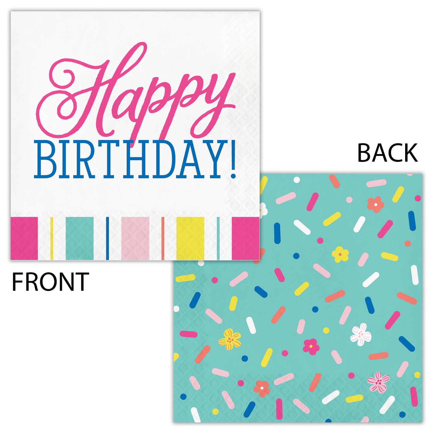 Double-sided napkin with "Happy Birthday!" on the front with colorful trim and colorful sprinkles and flowers on a teal background on the back