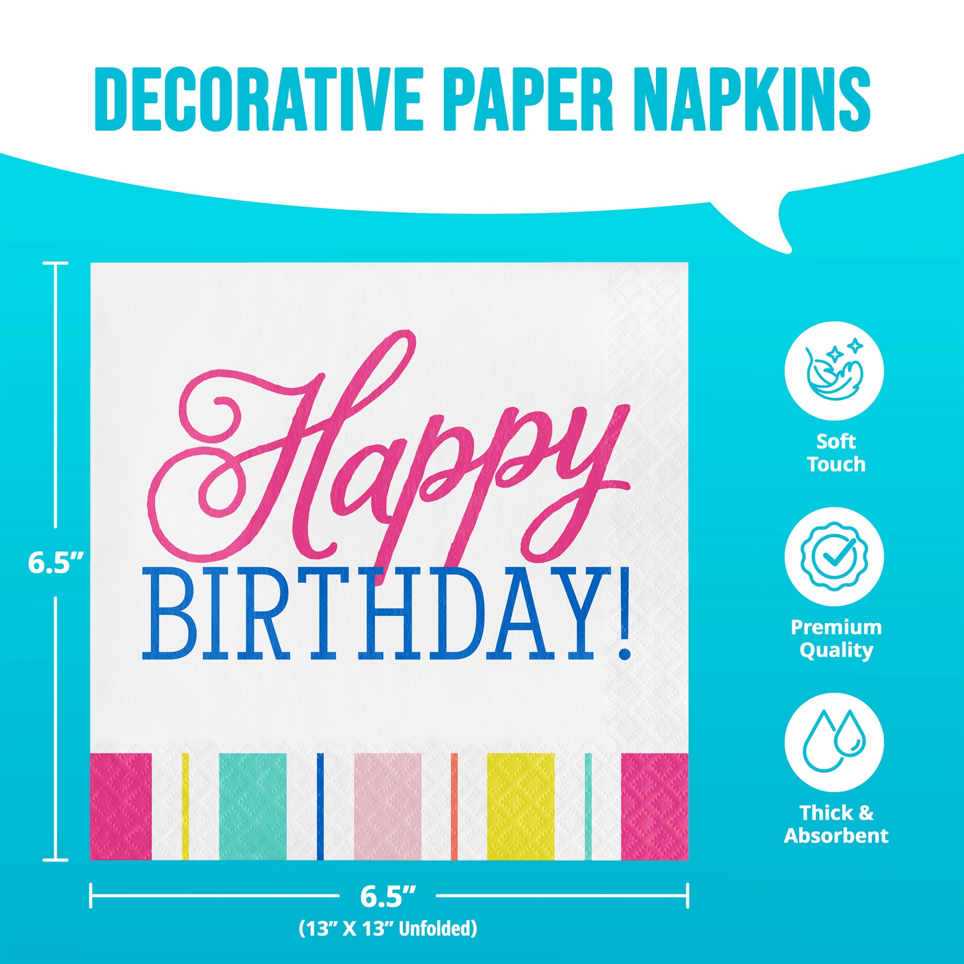 Napkin with colorful trim and "Happy Birthday!" text on a blue background with infographics and dimensions