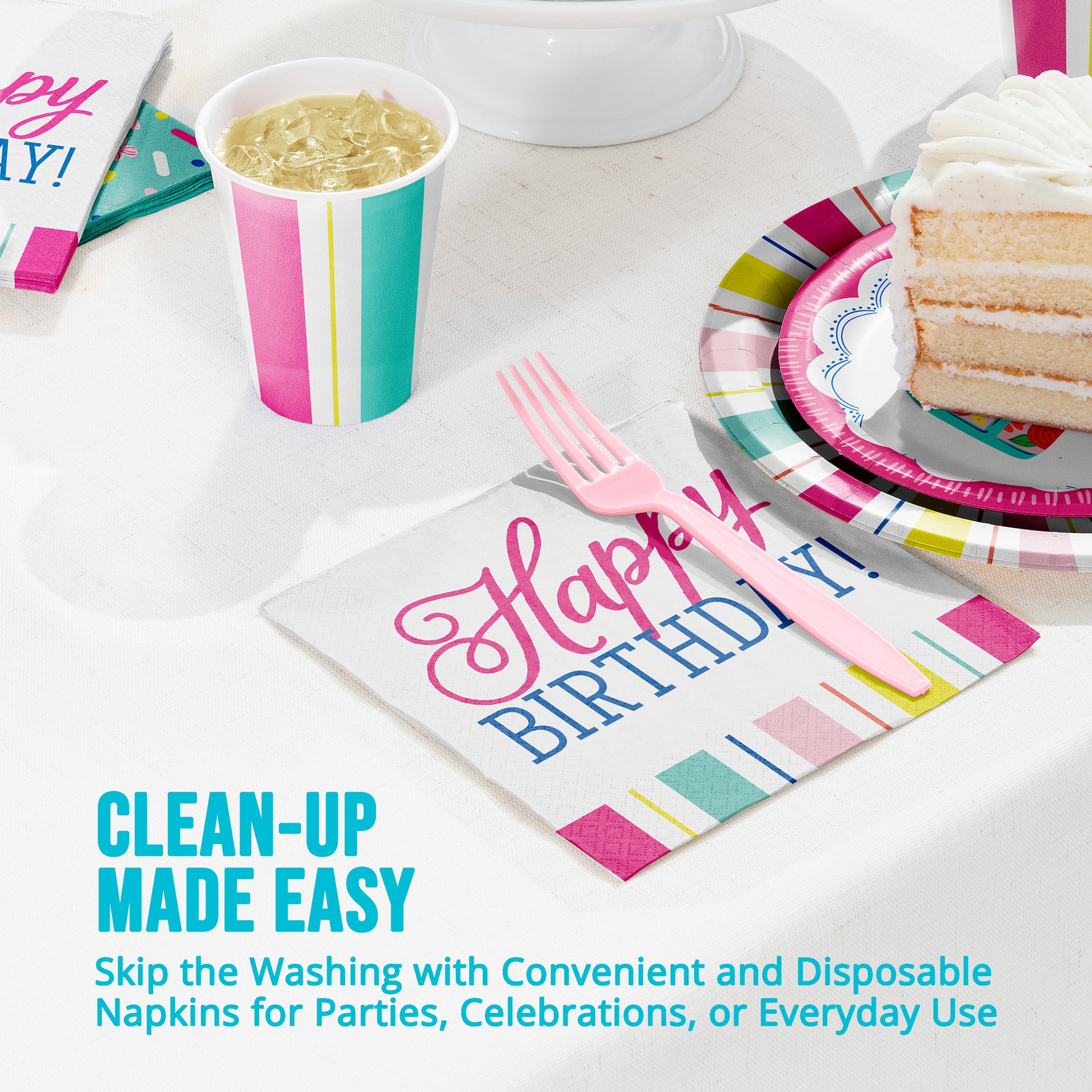 Disposable birthday party supplies including cups, plates, and napkins on a white surface and "Clean-Up Made Easy" text.